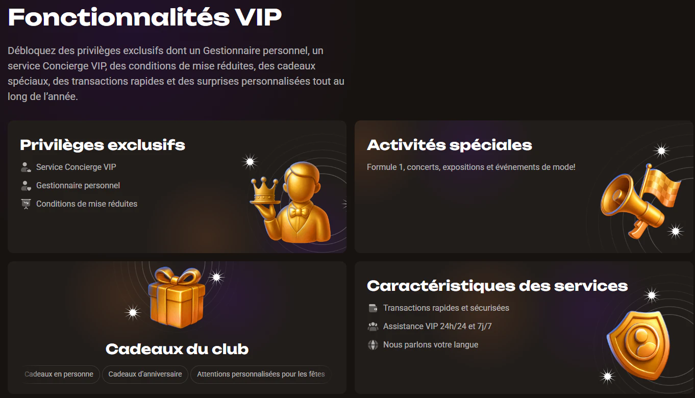 Fonctionnalités VIP Slotlair avec concierge, gestionnaire personnel et cadeaux