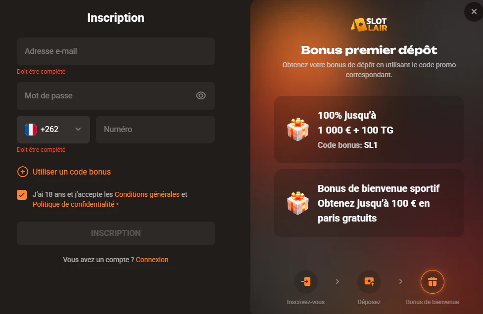 Formulaire d'inscription Slotlair avec bonus de premier dépôt