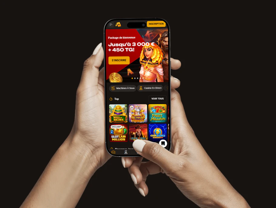 Interface mobile Slotlair avec machines à sous et bonus de bienvenue
