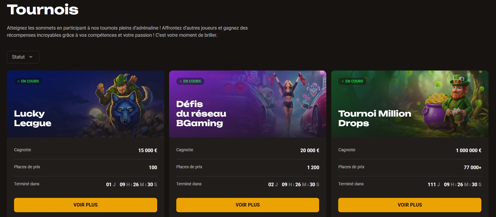 Tournois Slotlair avec Lucky League, défis BGaming et Million Drops